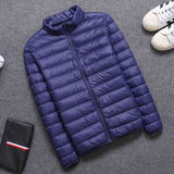 Casual men's down jacket Autumn Winter mens thin light Standing collar&hooded White duck down coat male Solid color warm outwear