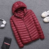 Casual men's down jacket Autumn Winter mens thin light Standing collar&hooded White duck down coat male Solid color warm outwear