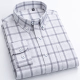 Men's 100% Cotton Casual Brushed Check Shirt Single Patch Pocket Long Sleeve Standard-fit Thick Button-down Collar Plaid Shirts