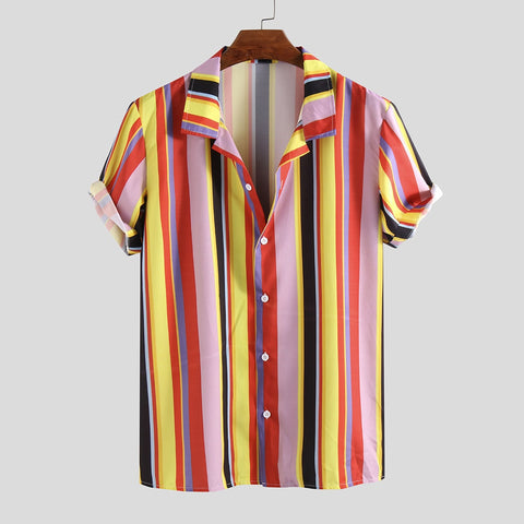 2020 Men Multi-color Vertical Striped Printed Fold-down Collar Short-sleeved Shirt Teenager  Large Size  Colored Mosaic Shirt