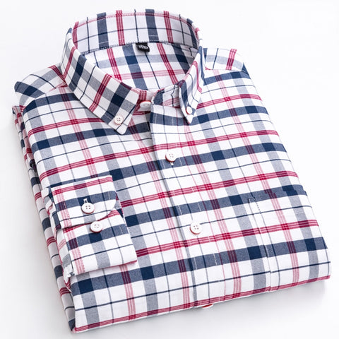 Men's Casual Long Sleeve Checkered Dress Shirts Standard-fit Comfortable Soft 100% Cotton Button-down Plaid Striped Tops Shirt