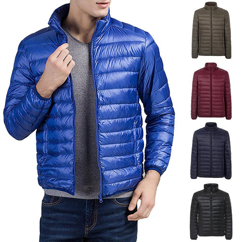 Men Simple Ultra-thin Light Winter Warm Zipper Stand Collar Down Jacket Coat