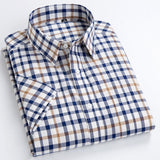 Men's Standard-Fit Short-Sleeve Checked Plaid Shirt Patch Chest Pocket Thin Soft 100% Cotton Button-Collar Striped Dress Shirt