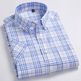 Men's Standard-Fit Short-Sleeve Checked Plaid Shirt Patch Chest Pocket Thin Soft 100% Cotton Button-Collar Striped Dress Shirt