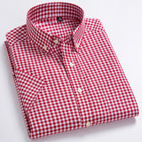 Men's Standard-Fit Short-Sleeve Checked Plaid Shirt Patch Chest Pocket Thin Soft 100% Cotton Button-Collar Striped Dress Shirt