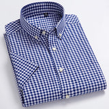 Men's Standard-Fit Short-Sleeve Checked Plaid Shirt Patch Chest Pocket Thin Soft 100% Cotton Button-Collar Striped Dress Shirt