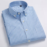 Men's Standard-Fit Short-Sleeve Checked Plaid Shirt Patch Chest Pocket Thin Soft 100% Cotton Button-Collar Striped Dress Shirt