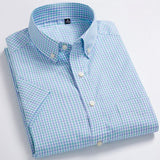 Men's Standard-Fit Short-Sleeve Checked Plaid Shirt Patch Chest Pocket Thin Soft 100% Cotton Button-Collar Striped Dress Shirt