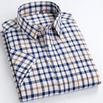 Men's Standard-Fit Short-Sleeve Checked Plaid Shirt Patch Chest Pocket Thin Soft 100% Cotton Button-Collar Striped Dress Shirt