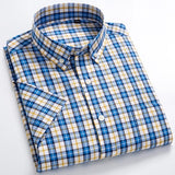 Men's Standard-Fit Short-Sleeve Checked Plaid Shirt Patch Chest Pocket Thin Soft 100% Cotton Button-Collar Striped Dress Shirt