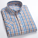 Men's Standard-Fit Short-Sleeve Checked Plaid Shirt Patch Chest Pocket Thin Soft 100% Cotton Button-Collar Striped Dress Shirt