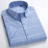 Men's Standard-Fit Short-Sleeve Checked Plaid Shirt Patch Chest Pocket Thin Soft 100% Cotton Button-Collar Striped Dress Shirt