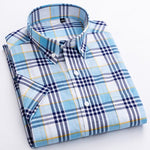 Men's Standard-Fit Short-Sleeve Checked Plaid Shirt Patch Chest Pocket Thin Soft 100% Cotton Button-Collar Striped Dress Shirt