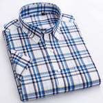 Men's Standard-Fit Short-Sleeve Checked Plaid Shirt Patch Chest Pocket Thin Soft 100% Cotton Button-Collar Striped Dress Shirt