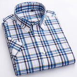 Men's Standard-Fit Short-Sleeve Checked Plaid Shirt Patch Chest Pocket Thin Soft 100% Cotton Button-Collar Striped Dress Shirt