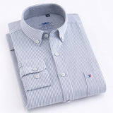 Men's Casual 100% Cotton Oxford Striped Shirt Single Patch Pocket Long Sleeve Standard-fit Comfortable Thick Button-down Shirts