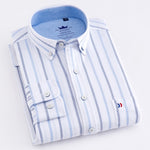 Men's Casual 100% Cotton Oxford Striped Shirt Single Patch Pocket Long Sleeve Standard-fit Comfortable Thick Button-down Shirts