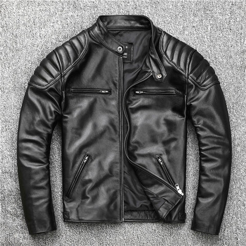 Envío gratis. Abrigo de cuero cálido estilo de moda para hombre, chaqueta de cuero vacuno de motorista, abrigo de cuero genuino negro. Hombre de talla grande Delgado, fresco